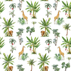Beautiful vector seamless pattern with watercolor tropical palms and jungle animals tiger, giraffe, leopard. Stock illustration. © zenina