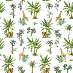 Tapeten Beautiful vector seamless pattern with watercolor tropical palms and jungle animals tiger, giraffe, leopard. Stock illustration. © zenina