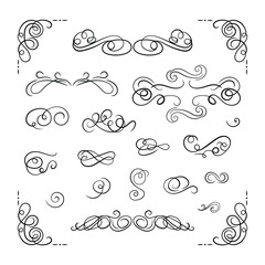 Vector set of filigree swirls, black lines isolated on white background, vintage design, elements collection.