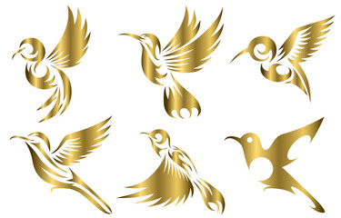 Line art gold Vector illustration six image set of flying hummingbirds. Suitable for making logos.