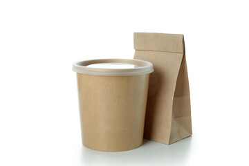 Blank paper bag and food cup isolated on white background