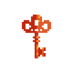 Golden vintage key pixel art icon isolated vector illustration on white background. Decorative element design for logo, sticker, web, mobile app. Game assets 8-bit sprite.