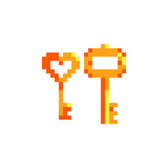 Obraz premium Golden vintage key pixel art icon isolated vector illustration on white background. Decorative element design for logo, sticker, web, mobile app. Game assets 8-bit sprite.