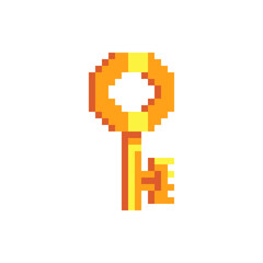 Golden vintage key pixel art icon isolated vector illustration on white background. Decorative element design for logo, sticker, web, mobile app. Game assets 8-bit sprite.