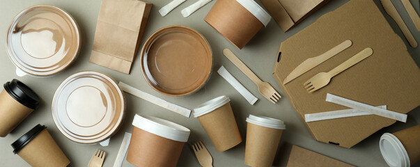Delivery containers for takeaway food on gray background
