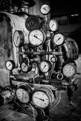 A lot of clocks and indicators in the historic device of the heat and power plant. black and white frame