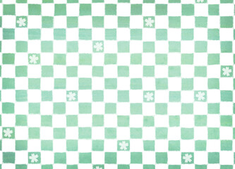 桜模様　緑と白の市松模様背景