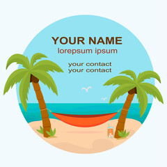 Logo or icon - hammock with palm trees on the beach with a place for your text - round shape. Vector flat design.