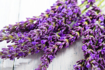 purple lavender flowers on white old wooden table
