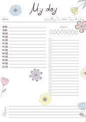 Printable A4 paper sheet with day planner blank to fill on background with hand drawn flowers. Minimalist planner for bullet journal page, habit tracker, daily planner template, blank for notebook.