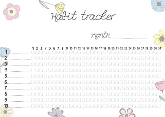 Printable A4 paper sheet with hand drawn flowers and lines for marks for fulfilled habits. Minimalist planner for  bullet journal page, habit tracker, daily planner template, blank for notebook.