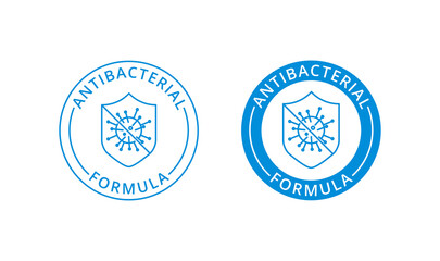 Obraz premium Antibacterial formula for skincare product package, soap, hand sanitizer, washing gel. Coronavirus protection covid hygiene stamp. Shield with bacteria icon