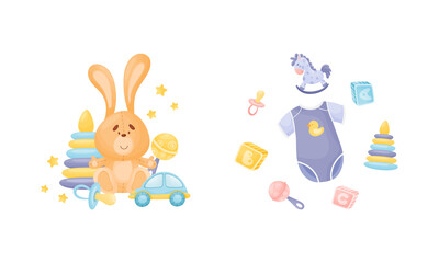 Newborn and Baby Accessories Arranged in Sweet Composition Vector Set