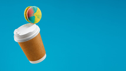 Traditional french macaron and coffee paper cup flying on blue background Macaron or macaroon hang in the air Сookies Copy space Cafe concept Cafe menu desing
