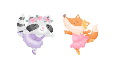 Cute Animals in Ballerina Dress Dancing Vector Set