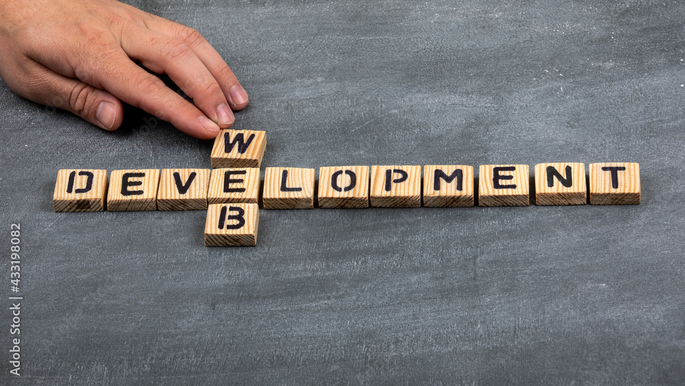 Wall mural web development concept. wooden alphabet letters on a black chalk board