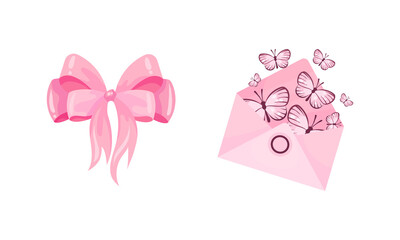 Ribbon Bow and Pink Envelope with Butterfly as Ballet Accessory Vector Set