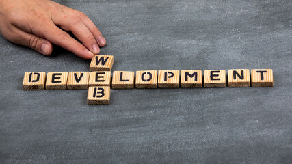 Web Development concept. Wooden alphabet letters on a black chalk board