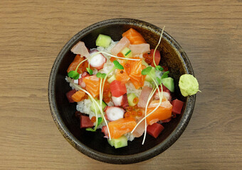 Close up Kaisen don (assorted raw fish sashimi rice bowl)