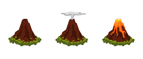 Volcano eruption set with magma and smoke in flat style. Natural disasters. Sleeping and erupting volcano isolated