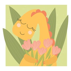 Cute dinosaur with a bouquet of flowers. Vector illustration for congratulations, poster, postcards, covers, decoration of the children's room.