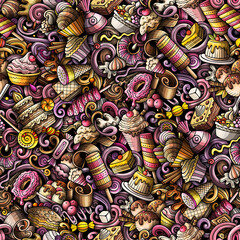Cartoon doodles Desserts seamless pattern.