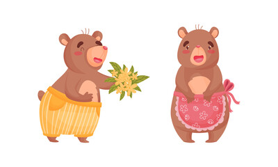 Cute Bear in Apron Standing and Holding Bunch of Flowers Vector Set