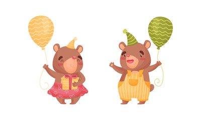 Cute Bear Boy and Girl in Birthday Hat Holding Balloon and Gift Box Vector Set