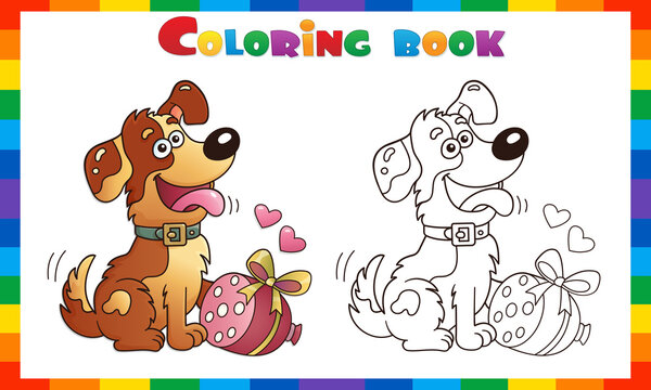 Coloring Page Outline of cartoon funny dog with sausage. Greeting card. Birthday. Valentine's day. Coloring Book for kids.