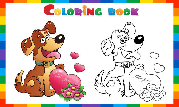 Coloring Page Outline of cartoon funny dog with flowers and heart. Greeting card. Birthday. Valentine's day. Coloring Book for kids.