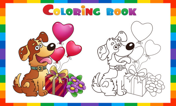 Coloring Page Outline of cartoon funny dog with gift and flowers. Greeting card. Birthday. Valentine's day. Coloring Book for kids.