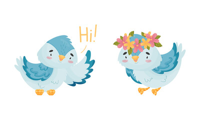 Cute Blue Bird Greeting and Wearing Floral Wreath Vector Set