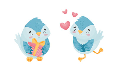 Cute Blue Bird Holding Gift Box and Feeling Love Vector Set