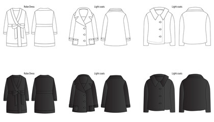 Heavy coasts parkas, Jackets outerwear vector illustration. Drawing flat sketch for CAD mockup.