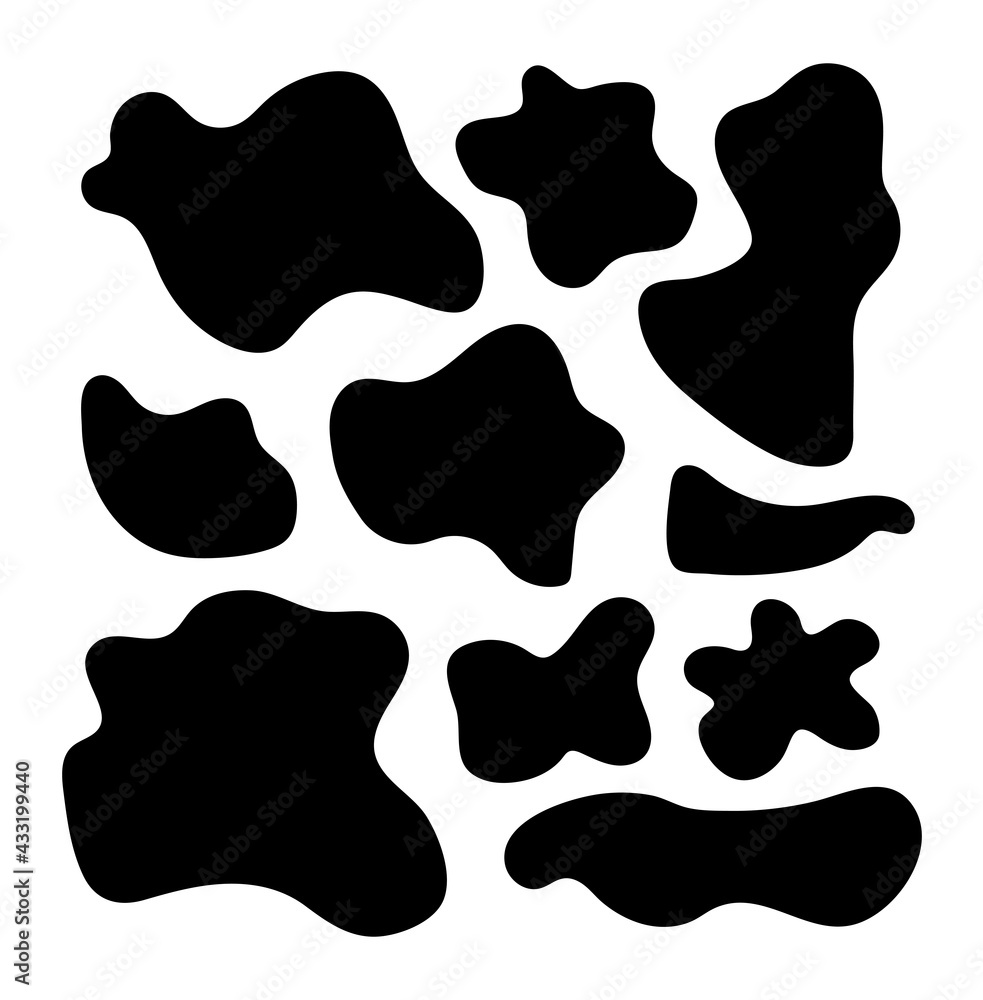 Poster random organic round spot blob pebble shape set. collection of abstract irregular stains shape in bl