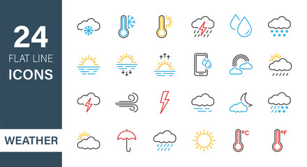 Set of Weather Line Icons. Weather Forecast graphic elements. Meteorology. Temperature, Sun, Cloud, Rain. Sunrise and Sunset pictogram. Editable stroke. Vector illustration