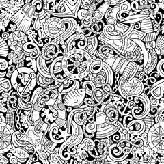 Cartoon doodles Nautical seamless pattern.