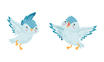 Cute Blue Bird with Spread Wings Tweeting Vector Set