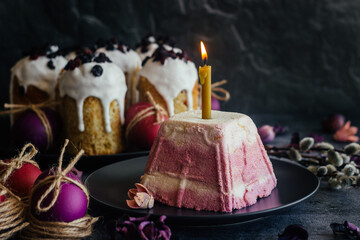 Curd Easter. A traditional Orthodox dish for Easter. Cherry cheese Easter. Easter composition with painted eggs 