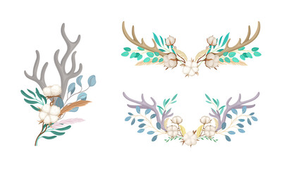 Deer Antlers Arranged with Tender Cotton Flowers and Green Twigs Vector Set