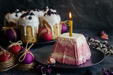 Curd Easter. A traditional Orthodox dish for Easter. Cherry cheese Easter. Easter composition with painted eggs 