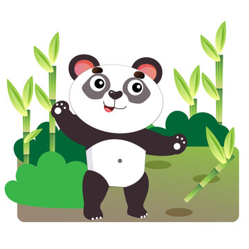 Cartoon little panda with bamboo or sugar cane. Colorful vector illustration for kids.