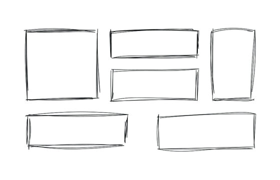Vector handdrawn squares, drawing frames isolated on white background, black lines, rectangular and square shapes.