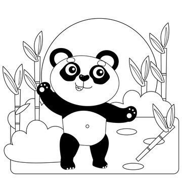 Coloring Page Outline Of cartoon little panda with bamboo or sugar cane. Coloring Book for kids.