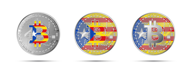Three Bitcoin crypto coins with the flag of Catalonia. Money of the future. Modern cryptocurrency vector illustration