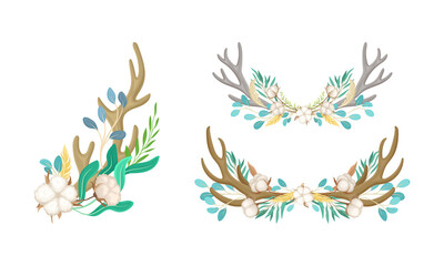 Fototapeta na wymiar Deer Antlers Arranged with Tender Cotton Flowers and Green Twigs Vector Set