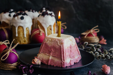 Curd Easter. A traditional Orthodox dish for Easter. Cherry cheese Easter. Easter composition with painted eggs 