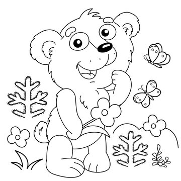 Coloring Page Outline Of cartoon little bear with the flower in forest. Coloring Book for kids.