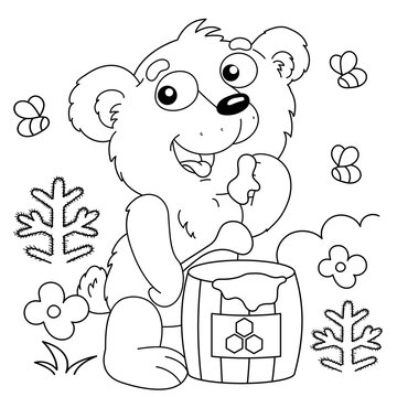 Coloring Page Outline Of cartoon little bear with barrel of honey. Coloring Book for kids.
