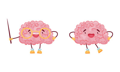 Cartoon Brain Character Standing with Pointer and Smiling Vector Set